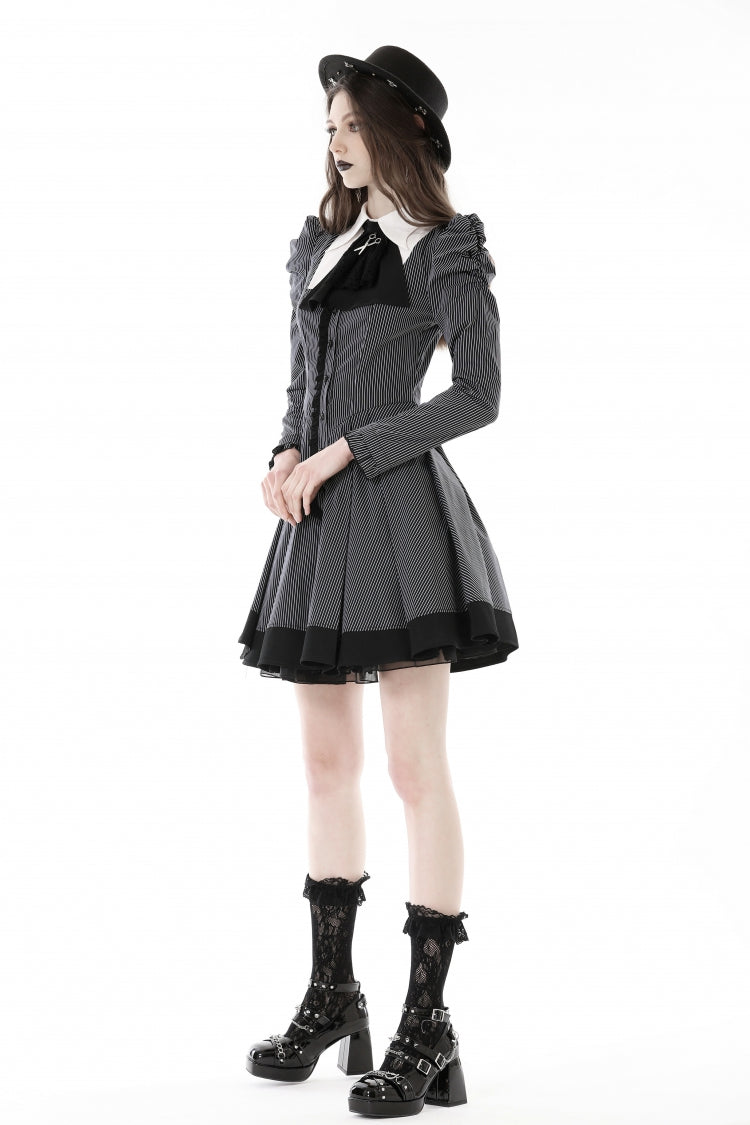 Black/White Lapel Collar Long Puff Sleeves Women's Gothic Striped Preppy Style Dress - Product - 9