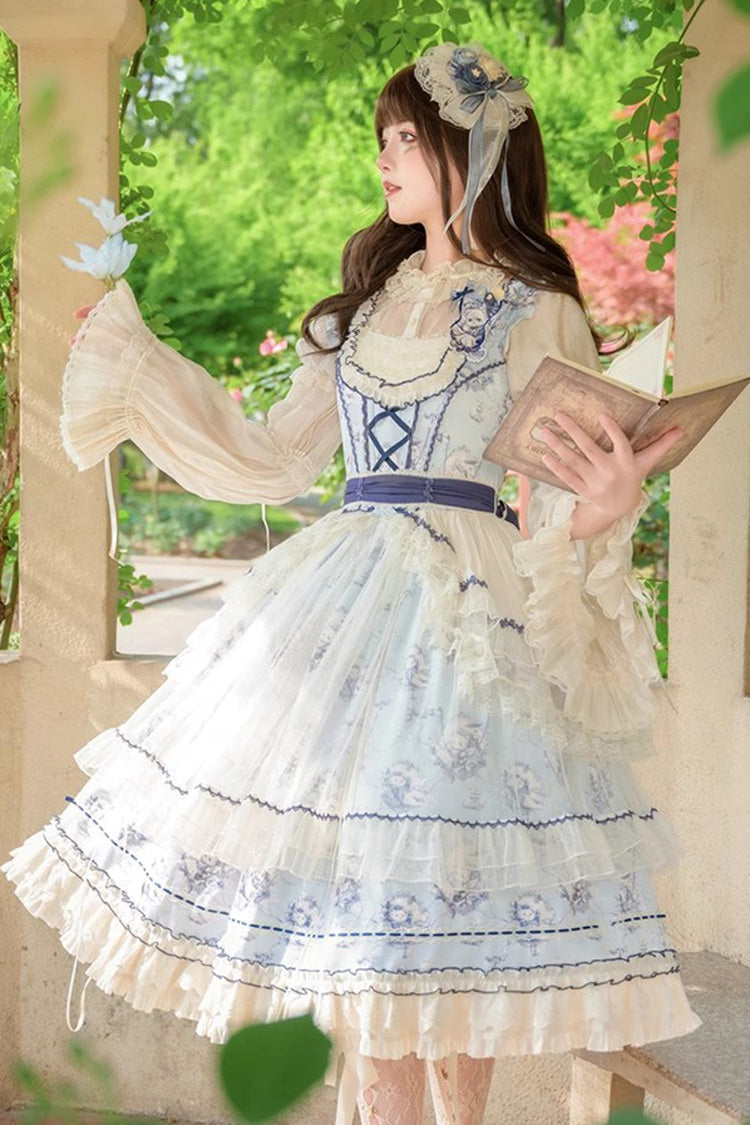 Blue [Swing Cat] Print Ruffle Bowknot Lace Sweet Elegant Lolita Jsk Dress - Product - 2
