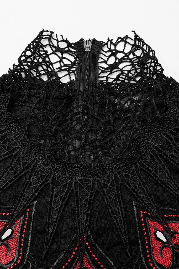 Black/Red V Collar Long Sleeves Hollow Embroidery Women's Gothic Dress - Product - 5