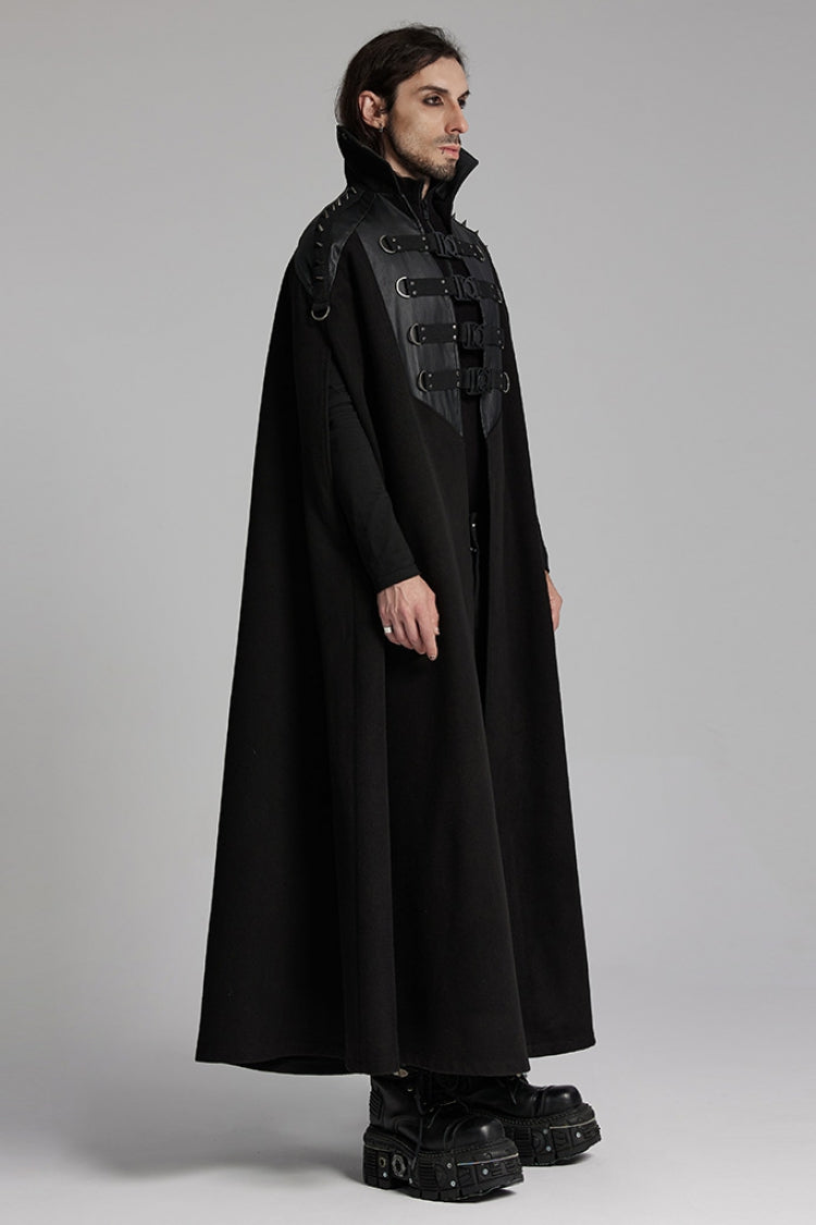 Black High Collar Faux Leather Stitching Mesh Rivet Buckle Women's Punk Cloak - Product - 2