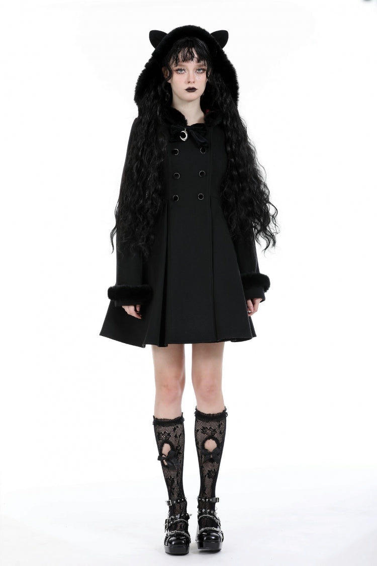 Black Long Sleeves Crescent Moon Bow Spliced Double-breasted Women's Gothic Coat with Cat Ear Hood - Product - 8
