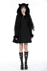 Black Long Sleeves Crescent Moon Bow Spliced Double-breasted Women's Gothic Coat with Cat Ear Hood - Product - 8