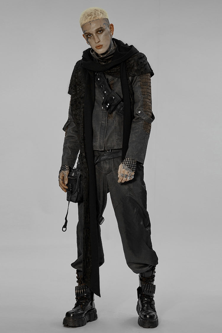 Black Irregular Hooded Ripped Men's Gothic Scarf - Product - 4