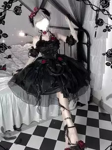 Ruffle Bow Fairy Gothic Hime Lolita JSK with Oversleeves – 5 Colors detail view 4
