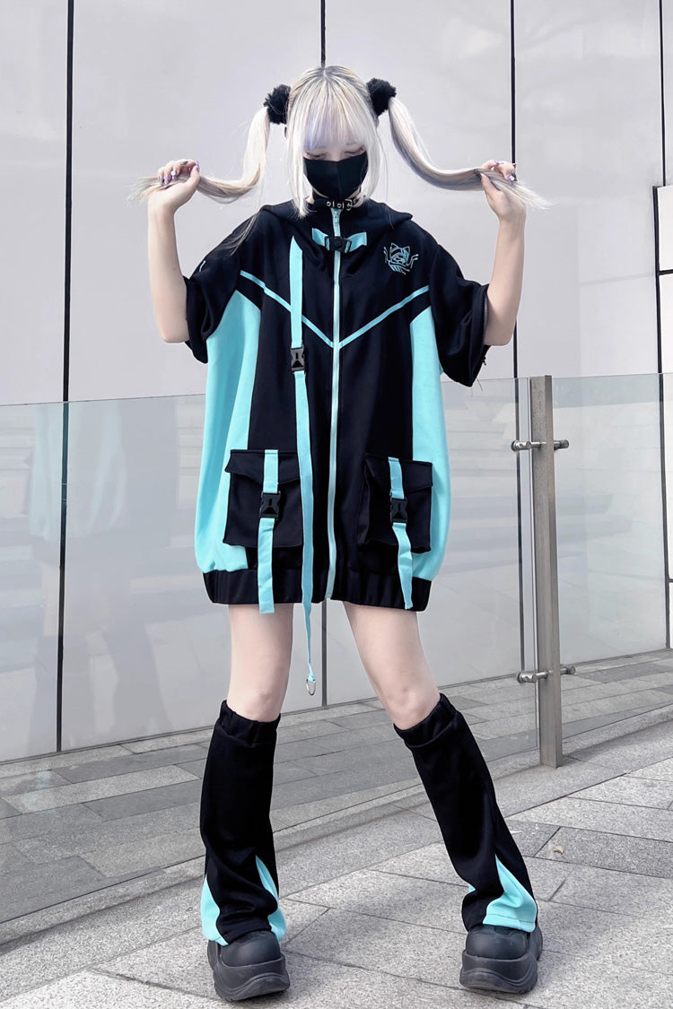 Black/Blue Chip Hacker Cyberpunk Functional Print Hooded Jirai Kei Japanese Sports Coat - Product - 2
