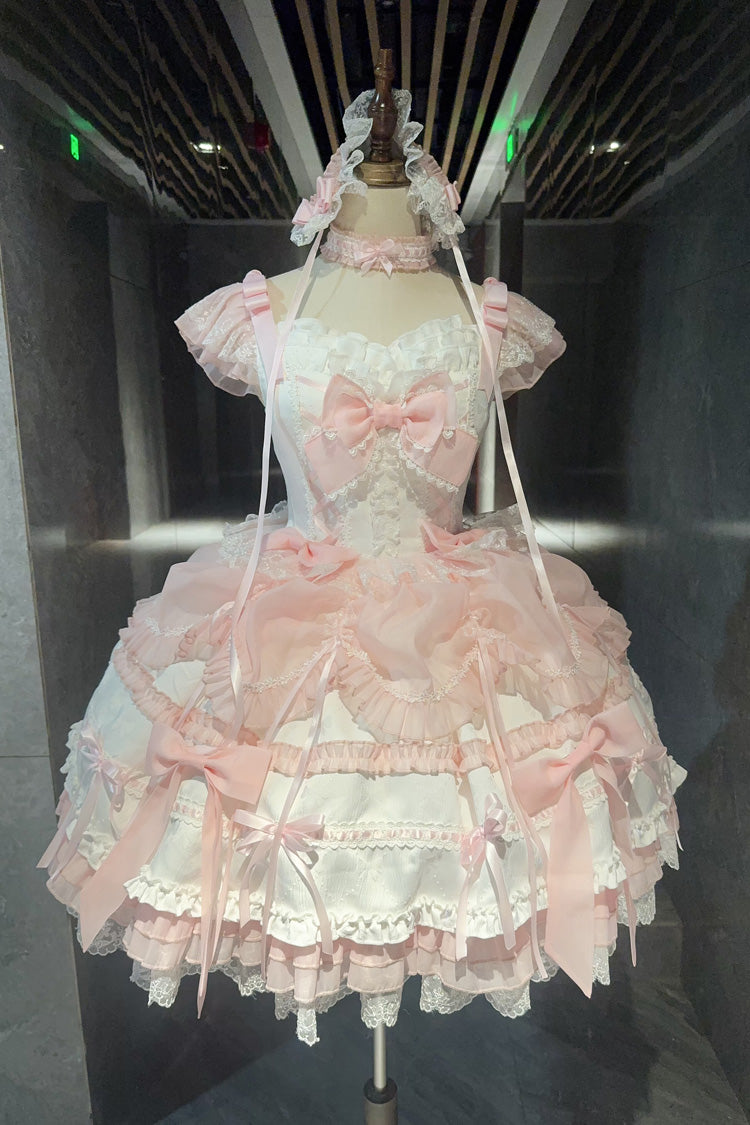 White/Pink Sleeveless Triple-Layered Ruffled Bow Lace Sweet Princess Ballet Lolita Jsk Dress - White/Pink - 1