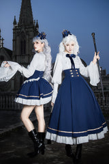 Blue [Eternal Crown] Stand Collar Long Lantern Sleeves Ruffled Color-Blocked Faux Two-Piece Classic Royal Lolita Dress 2 Versions - Product - 13