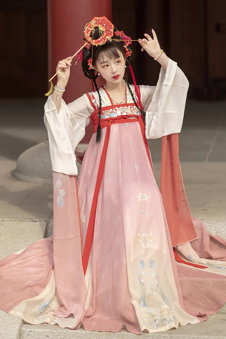 Pink Trumpet Sleeves High Waisted Print Embroidery Sweet Chinese Style Hanfu Dress Full Set - Product - 2
