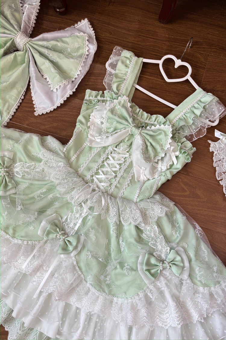 Green Sleeveless Triple-Layered Ruffle Embroidery Bowknot Lace-Up Pearl Sweet Plus Size Lolita Jsk Dress - Product - 9