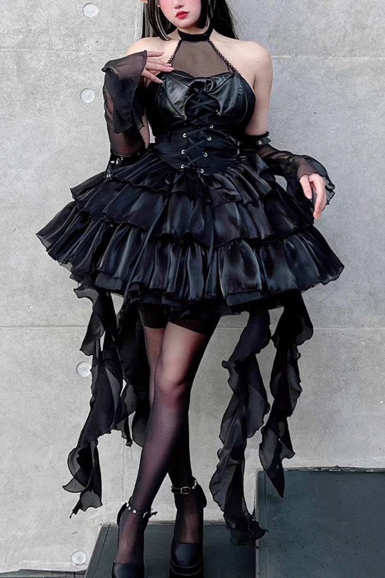 Pure Black Little Devil Sexy Princess Slim Gothic Lolita Strapless Tiered Dress - Black - 1