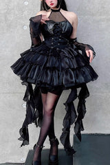 Pure Black Little Devil Sexy Princess Slim Gothic Lolita Strapless Tiered Dress - Black - 1