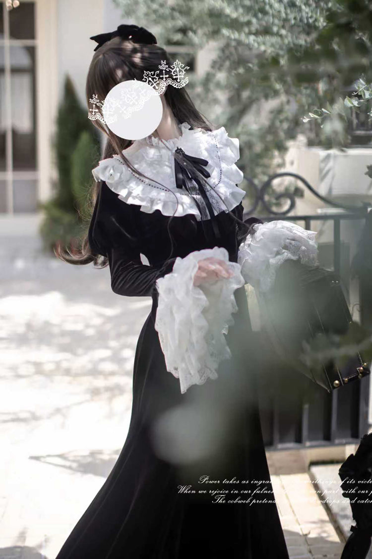 Black [Raven-Feather Poetic Letter] Velvet Long Hime Sleeves Ruffle Bowknot Gothic Elegant Lolita Fishtail Dress - Product - 6