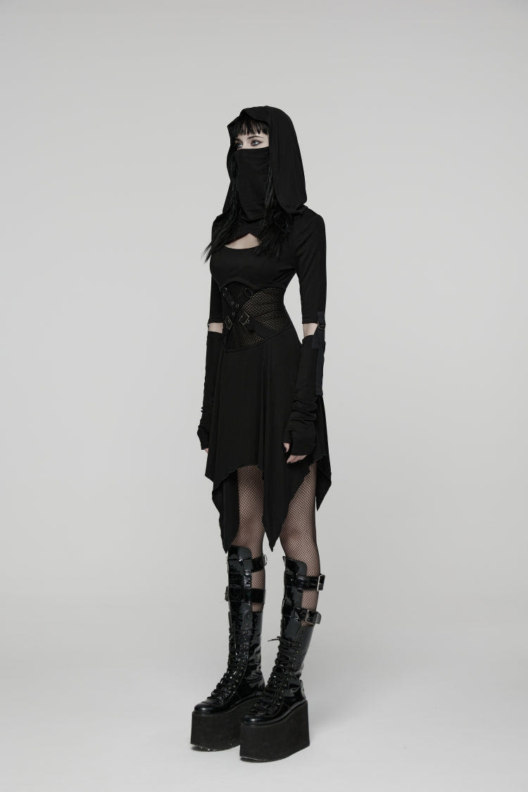 Black Long Sleeves Cut-Out Patchwork Lace-Up Slim Fit Hooded Women's Punk Dress - Product - 4