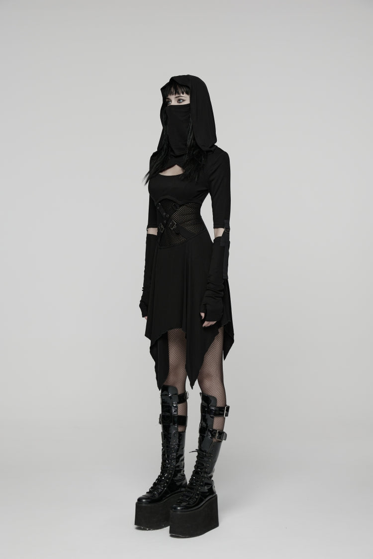 Black Long Sleeves Cut-Out Patchwork Lace-Up Slim Fit Hooded Women's Punk Dress - Product - 4
