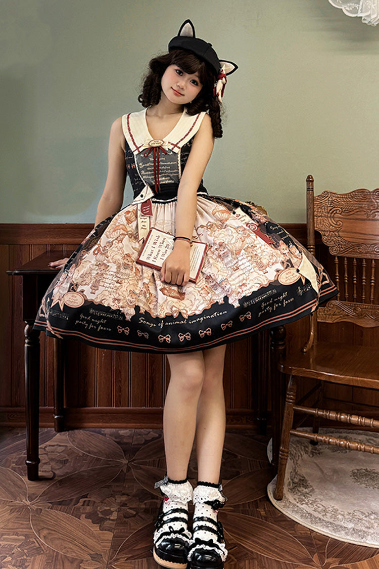 Black [Fox Band] Print Square Collar Bowknot Classic Lolita Jumper Dress - Product - 9