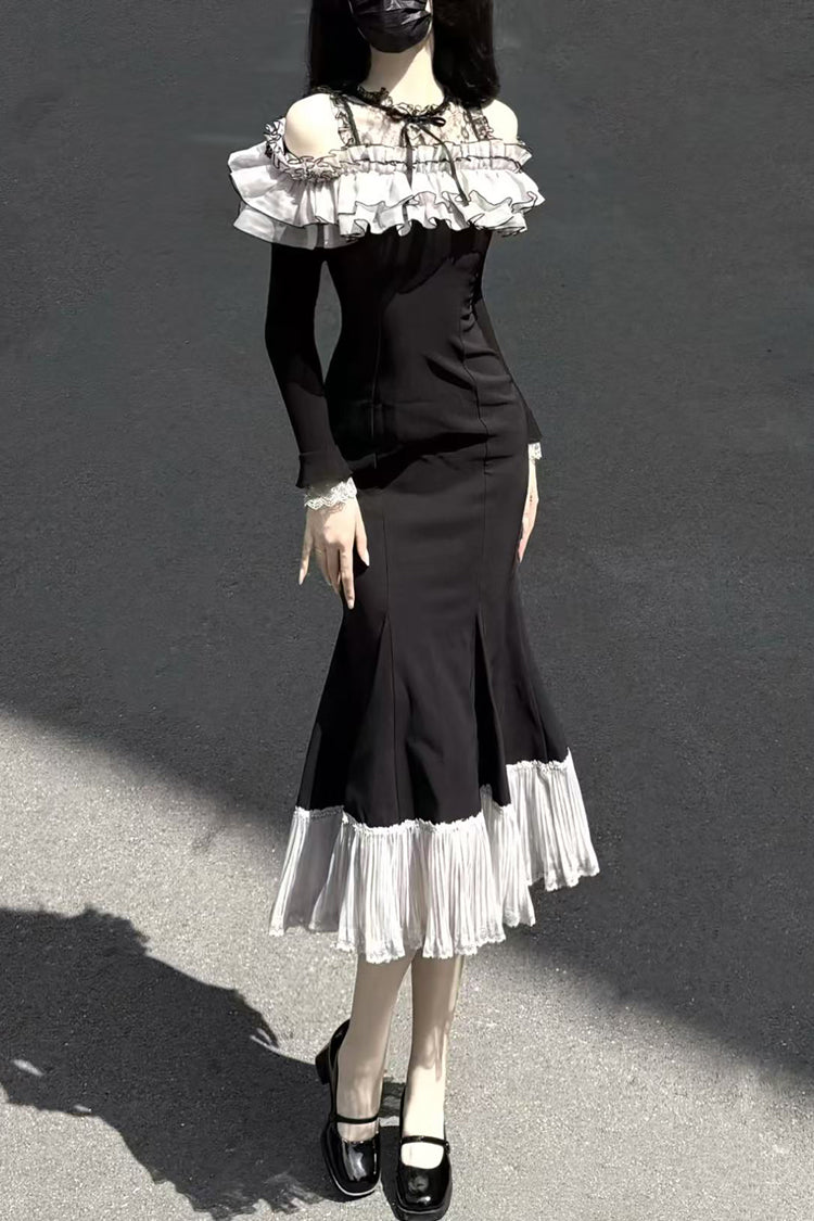 Black [Night Cherry Blossoms] Long Sleeves Ruffle Bowknot Daily Sweet Elegant Lolita Fishtail Dress - Product - 12
