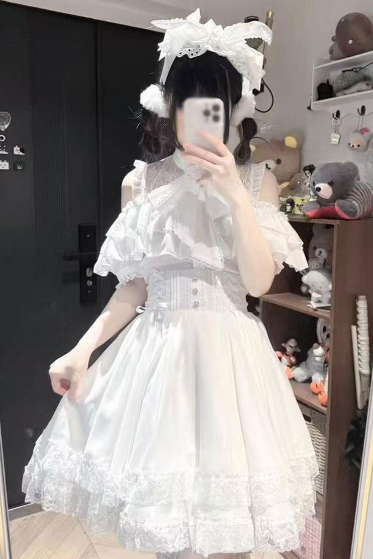 [Highness White Camellia] Off Shoulder Short Sleeves Double-Layered Ruffled Bow Lace Lace-Up Jirai Kei Plus Size Japanese Skirt Blouse Set 2 Colors - Product - 4