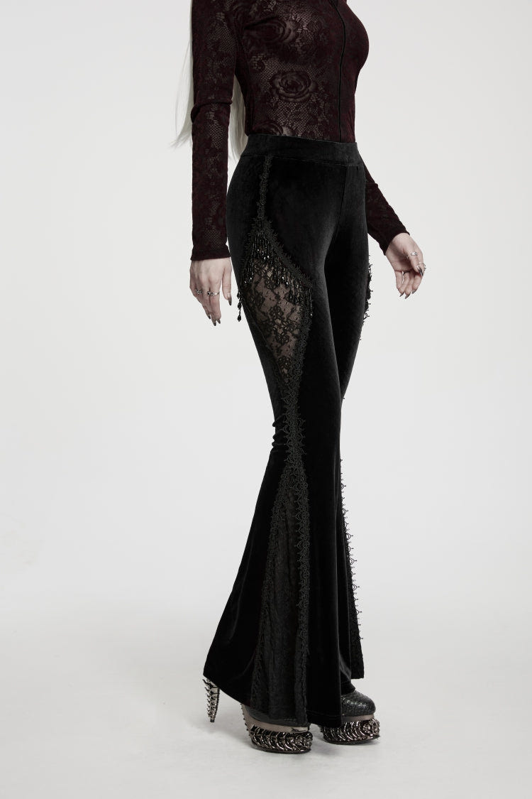 Black Patchwork Slim Fit Women's Gothic Floral Lace Spliced Beaded Tassel Flare Pants - Product - 4