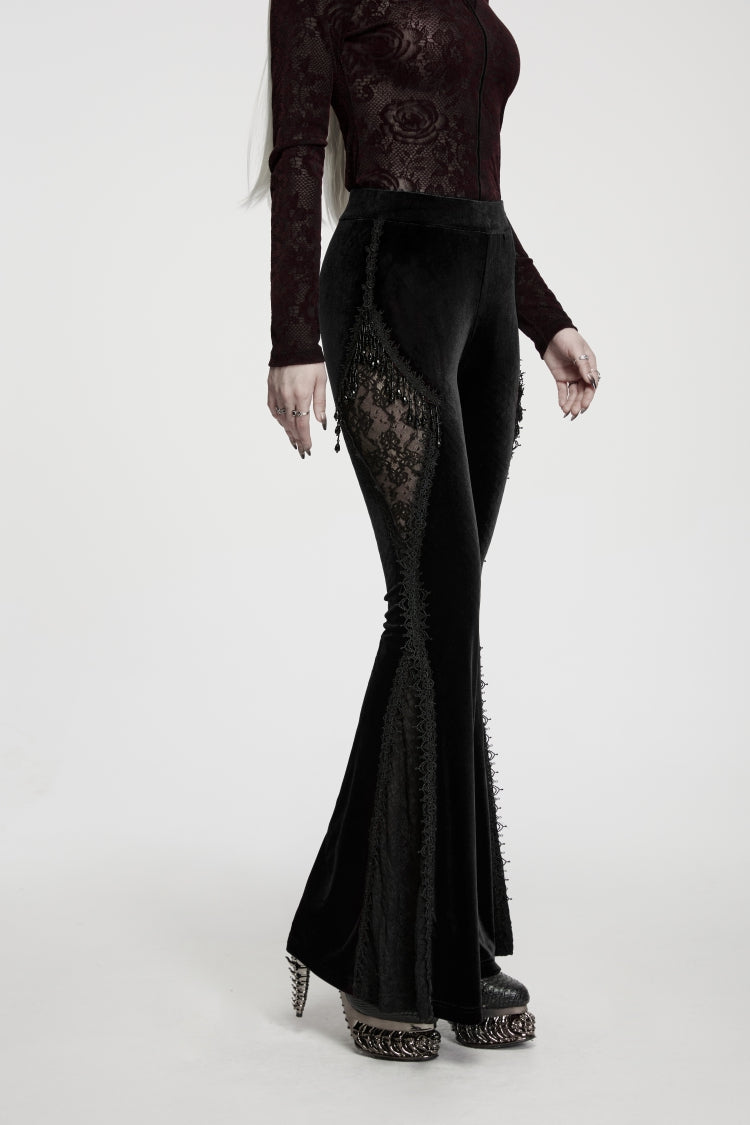 Black Patchwork Slim Fit Women's Gothic Floral Lace Spliced Beaded Tassel Flare Pants - Product - 4