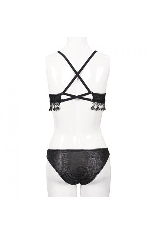 Black Dark Grain Jacquard Tassel Lace Up Gothic Swimsuit - Product - 15