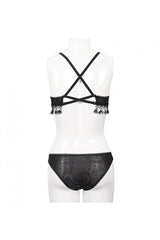Black Dark Grain Jacquard Tassel Lace Up Gothic Swimsuit - Product - 15