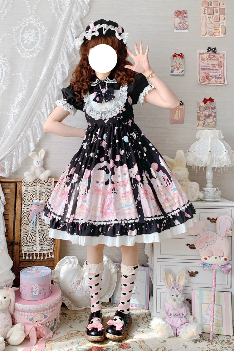 Black/Pink Cute Cat Print High Waisted Ruffle Bowknot Sweet Princess Lolita JSK Dress - Product - 5