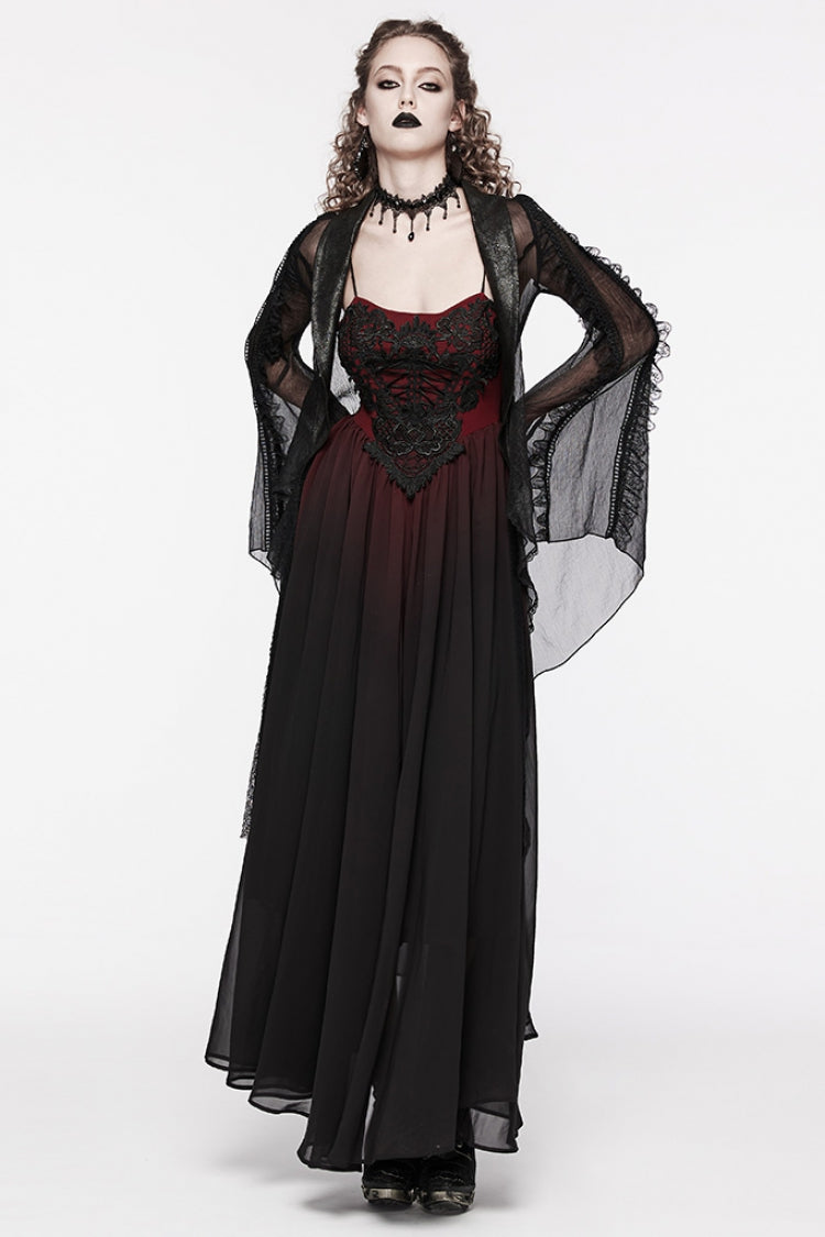 Black/Red Floral Embroidery Lace-Up Women's Gothic Slip Dress - Product - 4