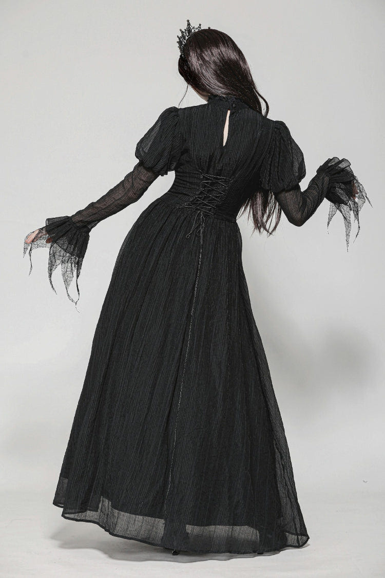 Black Women's Gothic Ruffled Stand Collar Long Puff Sleeves Spiderweb Splice Witch Maxi Dress - Product - 4