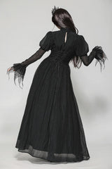 Black Women's Gothic Ruffled Stand Collar Long Puff Sleeves Spiderweb Splice Witch Maxi Dress - Product - 4