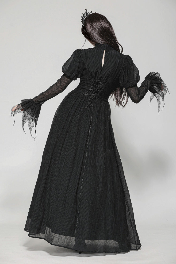 Black Women's Gothic Ruffled Stand Collar Long Puff Sleeves Spiderweb Splice Witch Maxi Dress - Product - 4