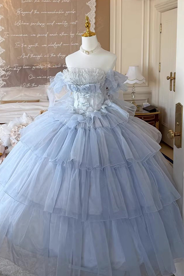Blue [Mousse Love Song] Sleeveless Multi-Layered Ruffled Hanayome Bow Sweet Lolita Dress - Product - 3