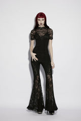 Black Stand Collar Short Sleeves Cut-Out Lace Slim Sheer Faux Two-Piece Women's Gothic Top - Black - 1