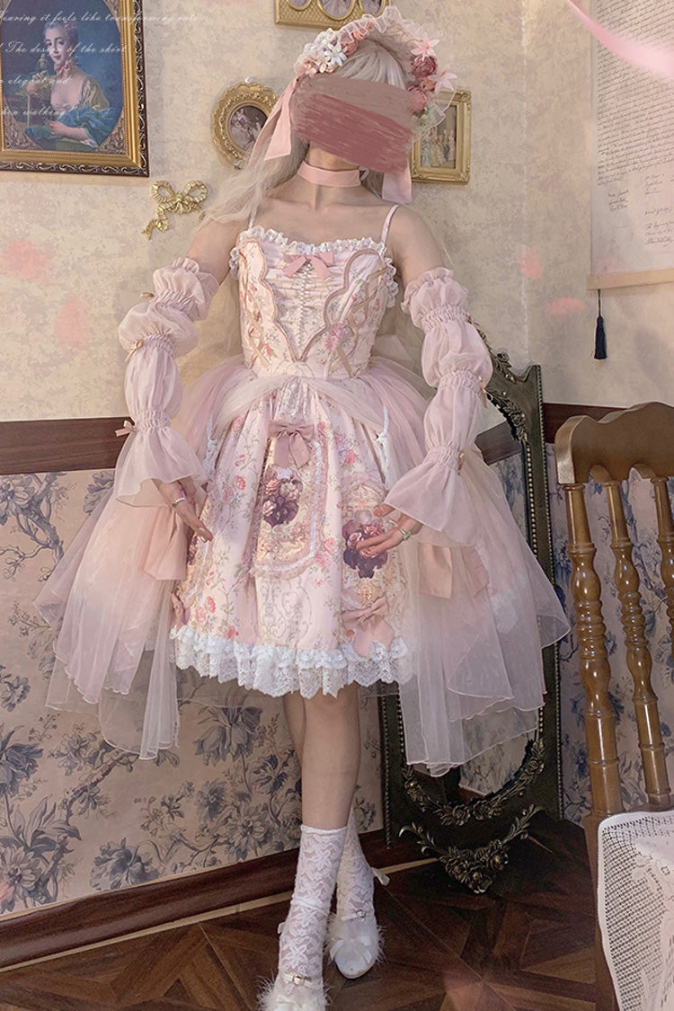 Pink [Rose Window] Print Ruffle Bowknot Lace Sweet Elegant Princess Lolita Jsk Dress - Product - 8