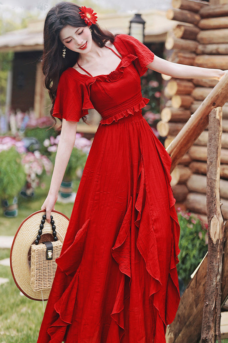 Red Square Collar Halterneck Short Sleeves High Waisted Ruffled Gothic Vintage Lolita Long Skirt Set - Product - 5