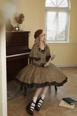 Brown [Baker Street Stories] Stripe Print Ruffle Fake Two Pieces British College Style Classic Lolita Dress - Product - 7