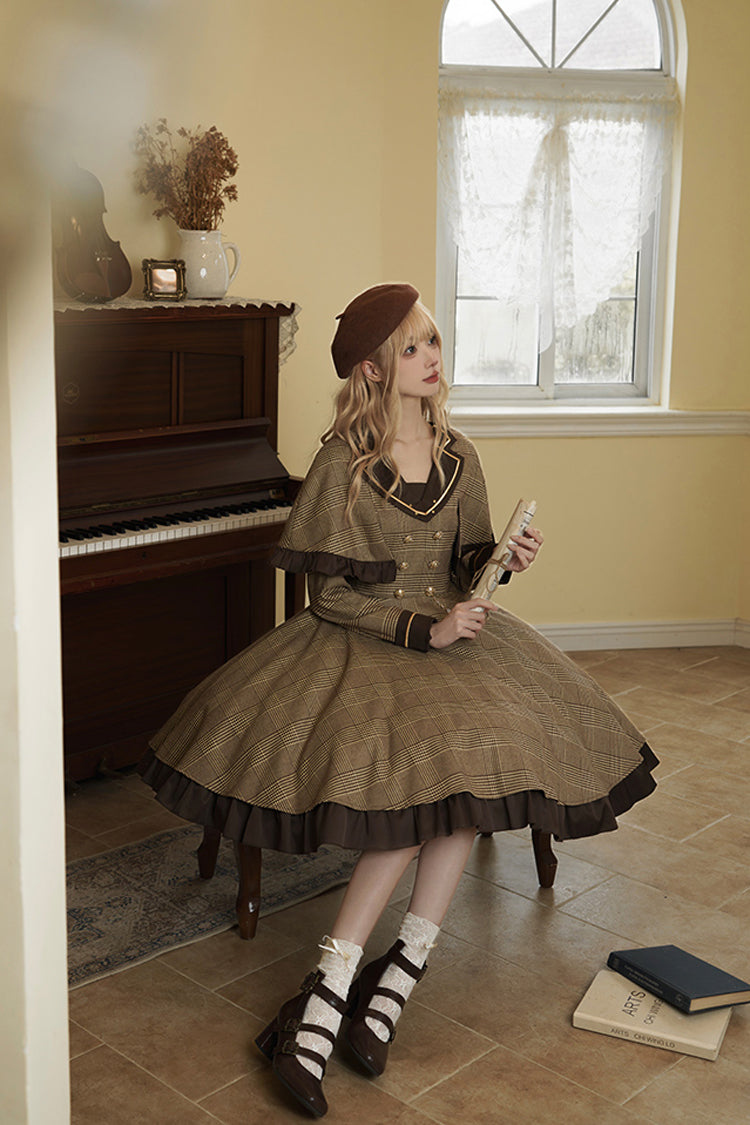 Brown [Baker Street Stories] Stripe Print Ruffle Fake Two Pieces British College Style Classic Lolita Dress - Product - 7