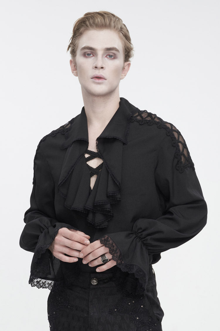 Black Ruffled Collar Puff Sleeved Men's Gothic Shirt - Product - 2
