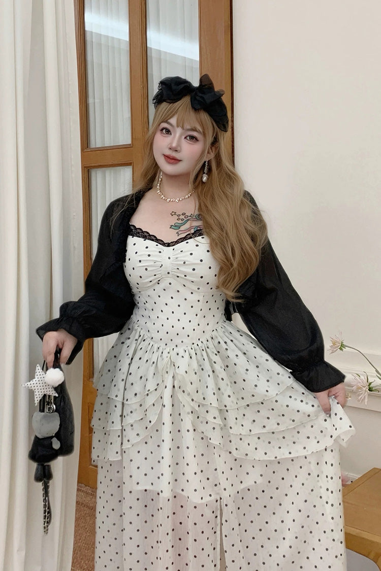Black/White Square Collar Sleeveless Polka Dot Printed Ruffled Lace Sweet Plus Size Lolita Jsk Dress - Product - 11
