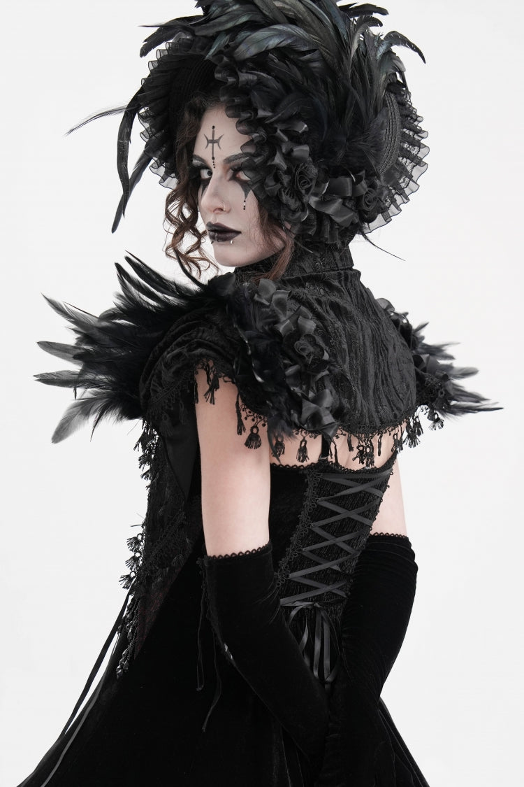 Black Stand Collar Lace Pleated Women's Gothic Tassels Feather Lace Cape - Product - 11