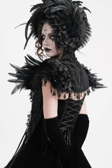 Black Stand Collar Lace Pleated Women's Gothic Tassels Feather Lace Cape - Product - 11