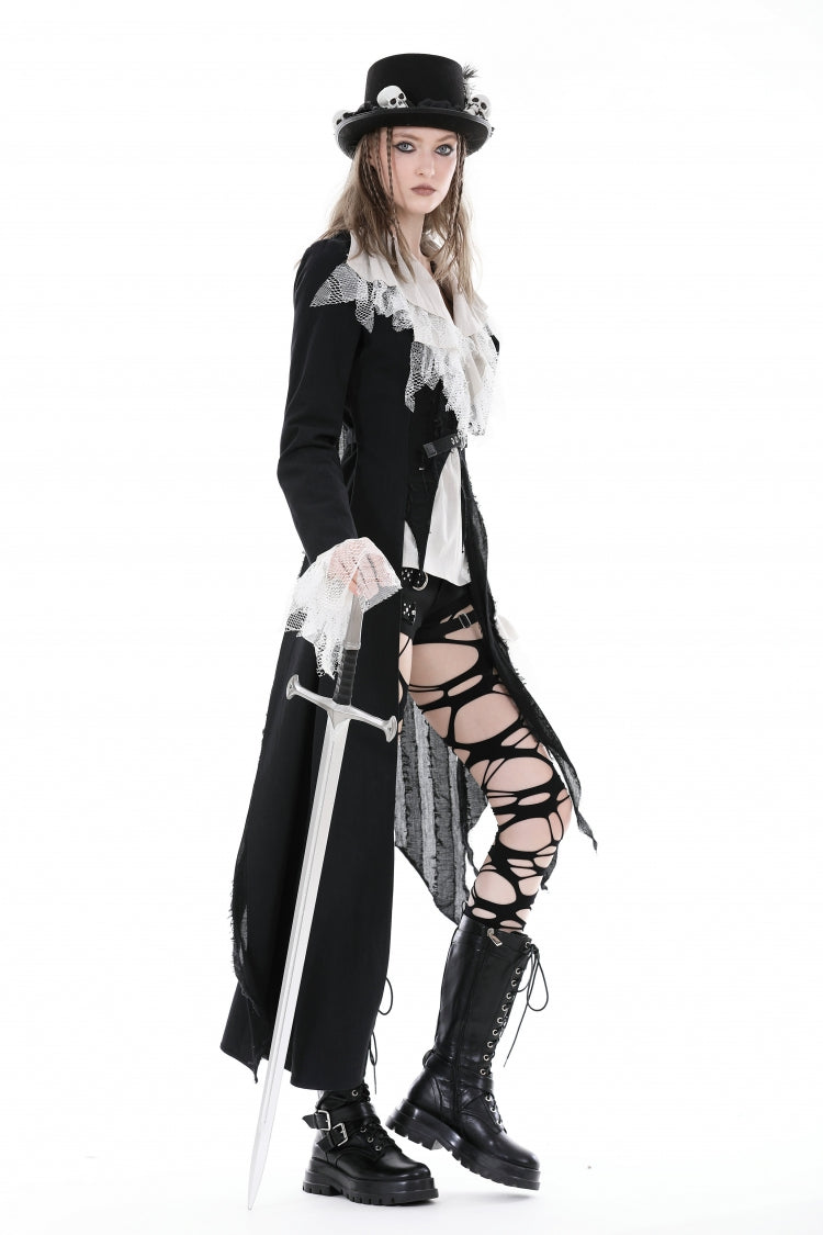 Black Peak Lapel Collar Long Sleeves Irregular Distressed Women's Gothic Punk Coat with Belt - Product - 11