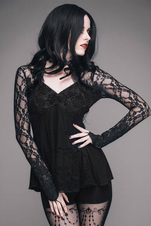 Black Sexy V Neck Mesh Long Sleeves Rose Lace Bottoming Women Gothic T-Shirt - Product - 5