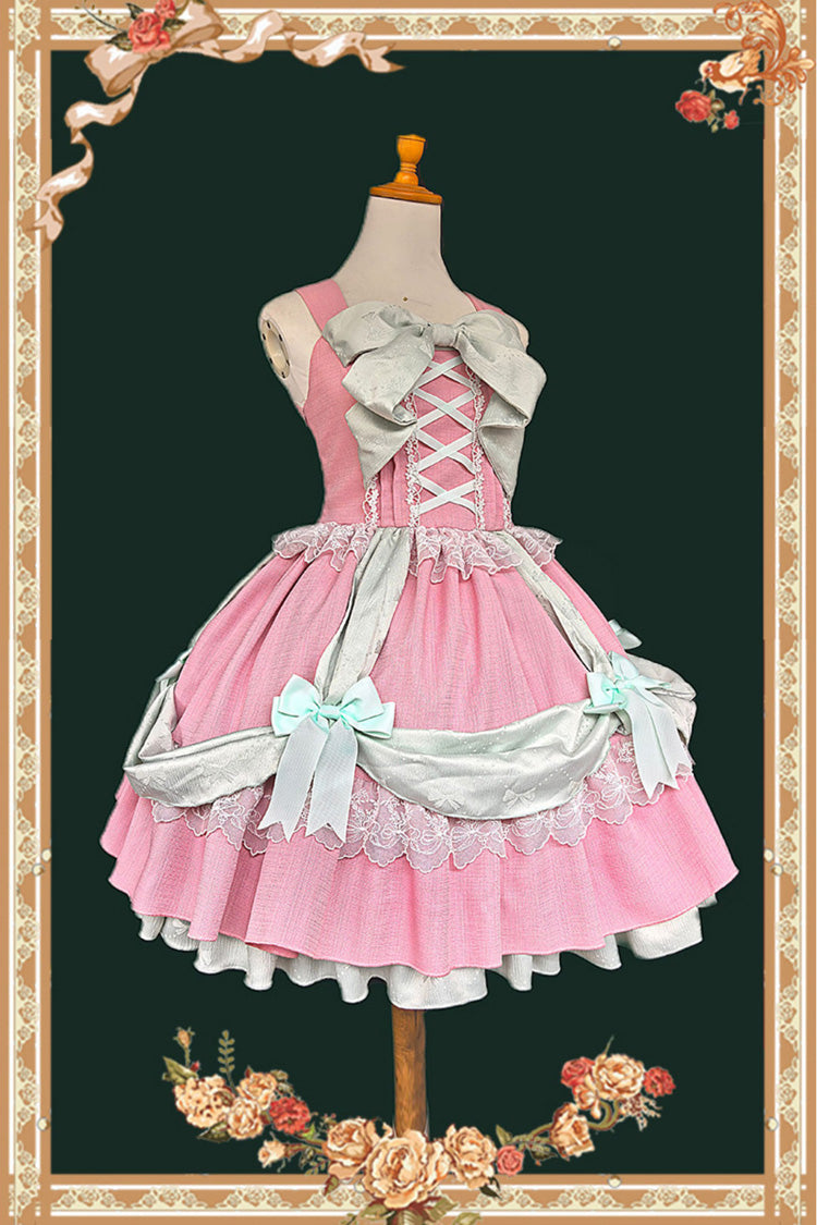 Pink [Gift Box] Sleeveless Double-Layered Ruffled Bow Lace-Up Sweet Lolita Jsk Dress - Product - 2