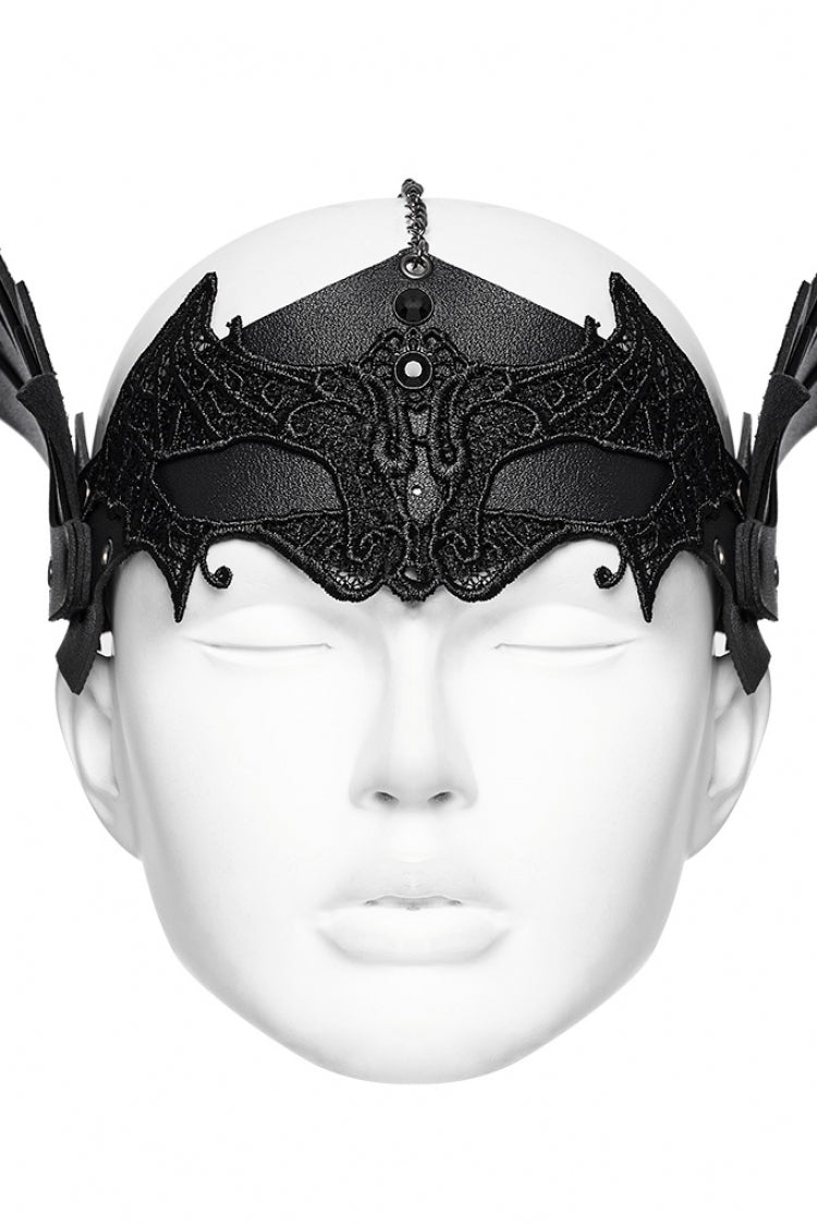 Black Artificial Leather Stitching Bat Shaped Lace Tassel Women's Steampunk Chain Mask - Product - 4