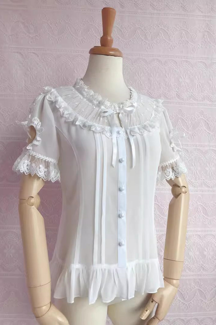 Round Collar Short Puff Sleeves Chiffon Lace Sweet Lolita Blouse 2 Colors - Product - 3