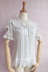 Round Collar Short Puff Sleeves Chiffon Lace Sweet Lolita Blouse 2 Colors - Product - 3