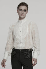 White Stand Collar Chiffon Long Sleeves Hollow Embroidery Men's Gothic Blouse - Product - 2