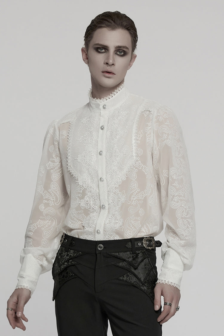White Stand Collar Chiffon Long Sleeves Hollow Embroidery Men's Gothic Blouse - Product - 2