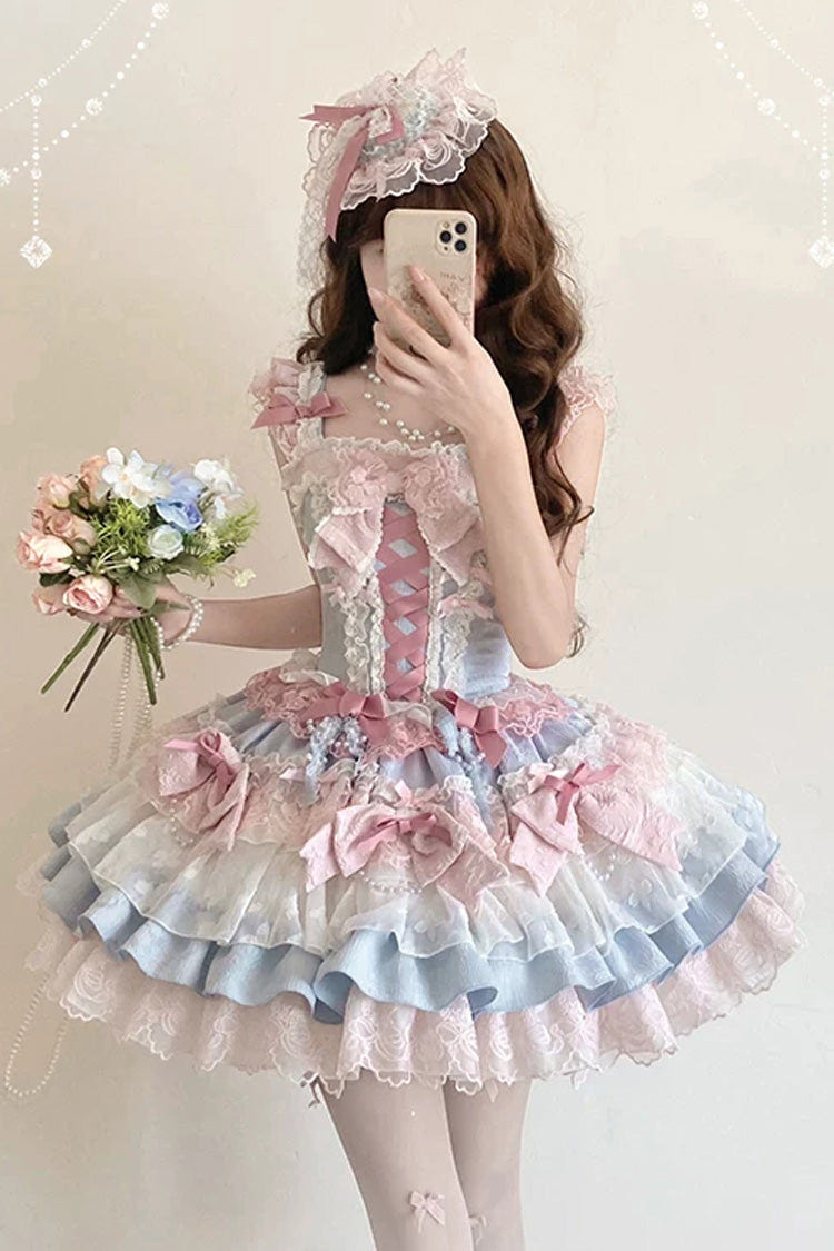 Blue/Pink [Honey Sweet Tart] Square Collar Sleeveless Multi-Layered Jacquard Ruffled Bow Lace Lace-Up Lolita Jsk Dress - Blue/Pink - 1