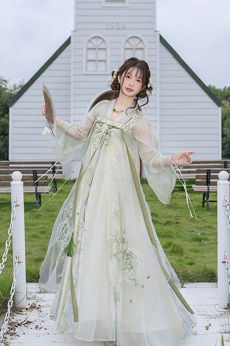 Green [Jade Green Grapes] High Waisted Embroidered Women's Sweet Hanfu Dress Set - Product - 2